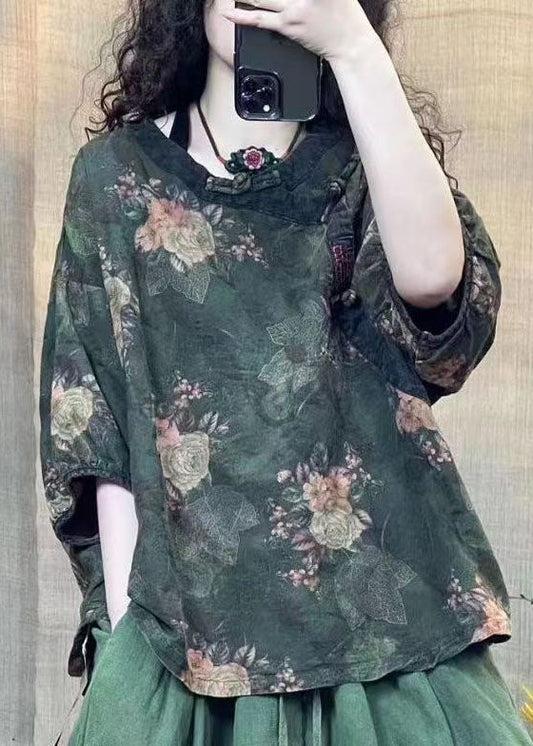 Vintage Rot O Neck Print Orientalischen Knopf Leinen Shirts Armband Ärmel