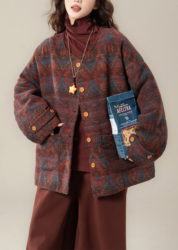 Vintage rote Parkas mit Rundhalsausschnitt, Print, Taschen und Baumwollfüllung für den Winter