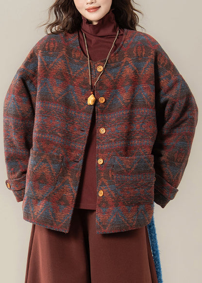 Vintage rote Parkas mit Rundhalsausschnitt, Print, Taschen und Baumwollfüllung für den Winter