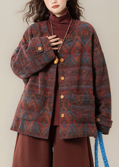 Vintage rote Parkas mit Rundhalsausschnitt, Print, Taschen und Baumwollfüllung für den Winter