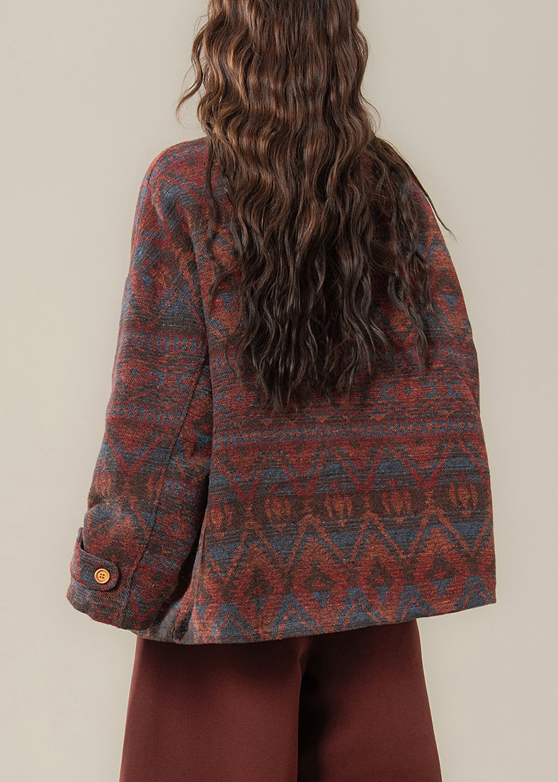 Vintage rote Parkas mit Rundhalsausschnitt, Print, Taschen und Baumwollfüllung für den Winter