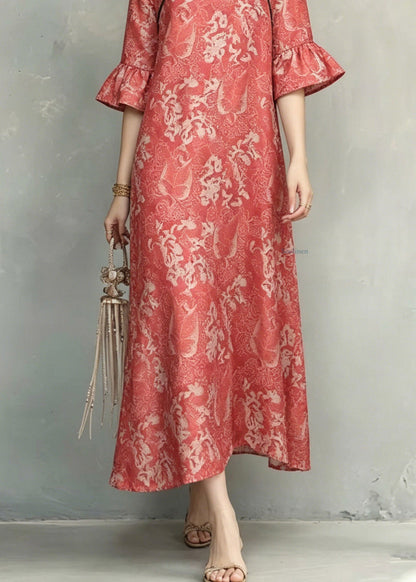 Vintage Red O-Neck Ruffled Patchwork Long Dresses Short Sleeve