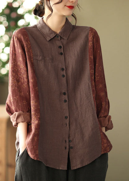 Vintage Rot Peter Pan Kragen Button Print Patchwork Leinen Hemd Tops Langarm