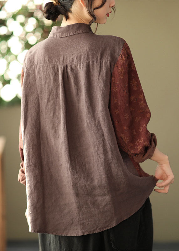 Vintage Rot Peter Pan Kragen Button Print Patchwork Leinen Hemd Tops Langarm