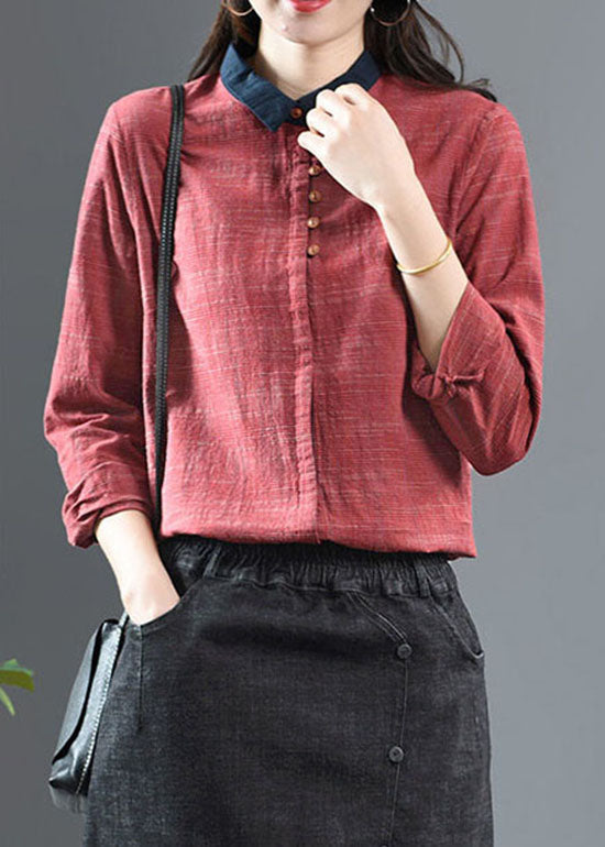 Vintage Rotes Peter Pan Kragen Patchwork Baumwollhemd Langarm