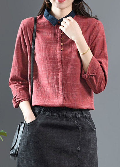 Vintage Rotes Peter Pan Kragen Patchwork Baumwollhemd Langarm