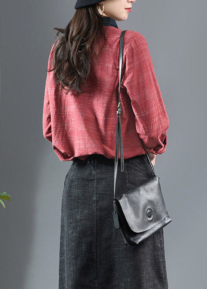 Vintage Rotes Peter Pan Kragen Patchwork Baumwollhemd Langarm