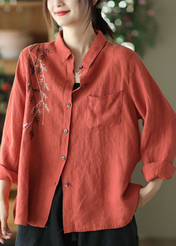 Blusas vintage de lino con cuello Peter Pan rojo y patchwork para primavera