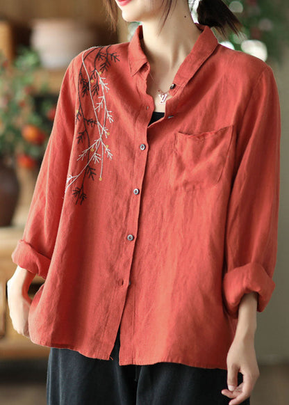 Blusas vintage de lino con cuello Peter Pan rojo y patchwork para primavera