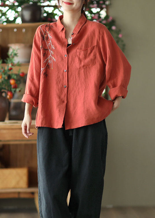 Blusas vintage de lino con cuello Peter Pan rojo y patchwork para primavera