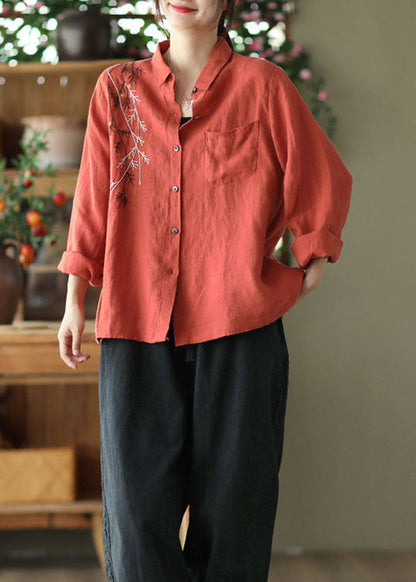 Blusas vintage de lino con cuello Peter Pan rojo y patchwork para primavera