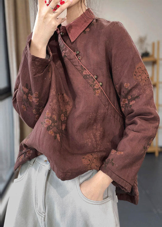 Vintage Rot Peter Pan Kragen Druck Baumwolle Gefüllt Leinen Hemd Tops Winter