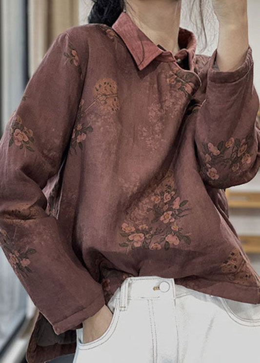 Vintage Rot Peter Pan Kragen Druck Baumwolle Gefüllt Leinen Hemd Tops Winter