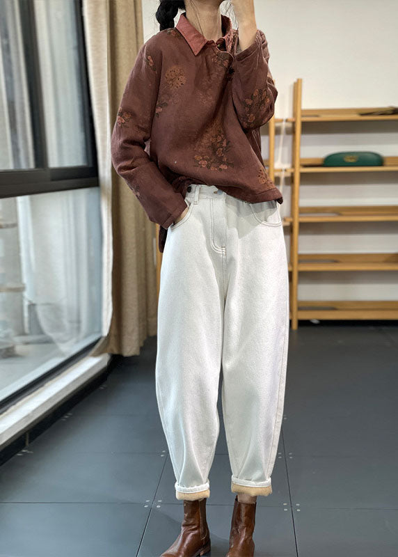 Vintage Rot Peter Pan Kragen Druck Baumwolle Gefüllt Leinen Hemd Tops Winter