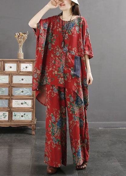 Conjunto de dos piezas de top y pantalón de algodón con bolsillos y estampado rojo vintage de verano