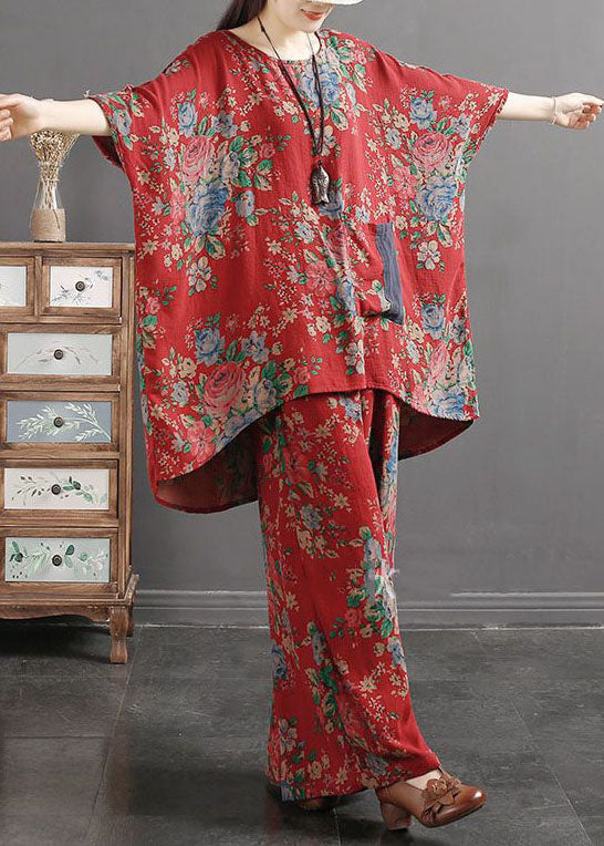 Conjunto de dos piezas de top y pantalón de algodón con bolsillos y estampado rojo vintage de verano