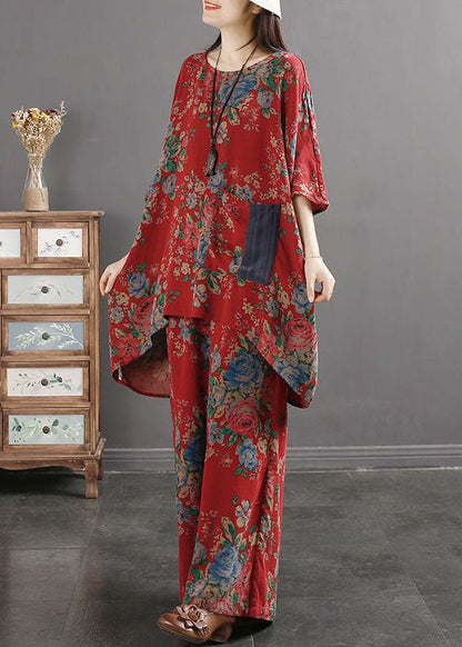 Conjunto de dos piezas de top y pantalón de algodón con bolsillos y estampado rojo vintage de verano