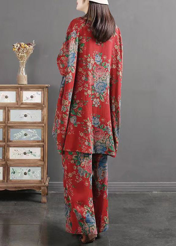 Conjunto de dos piezas de top y pantalón de algodón con bolsillos y estampado rojo vintage de verano