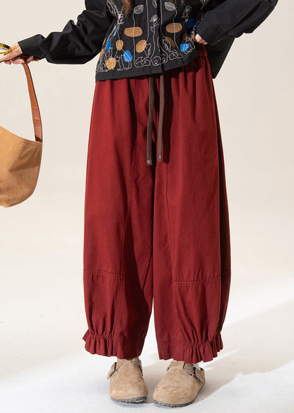 Vintage Red Ruffled Patchwork Solid Straight Pants