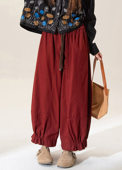 Vintage Red Ruffled Patchwork Solid Straight Pants