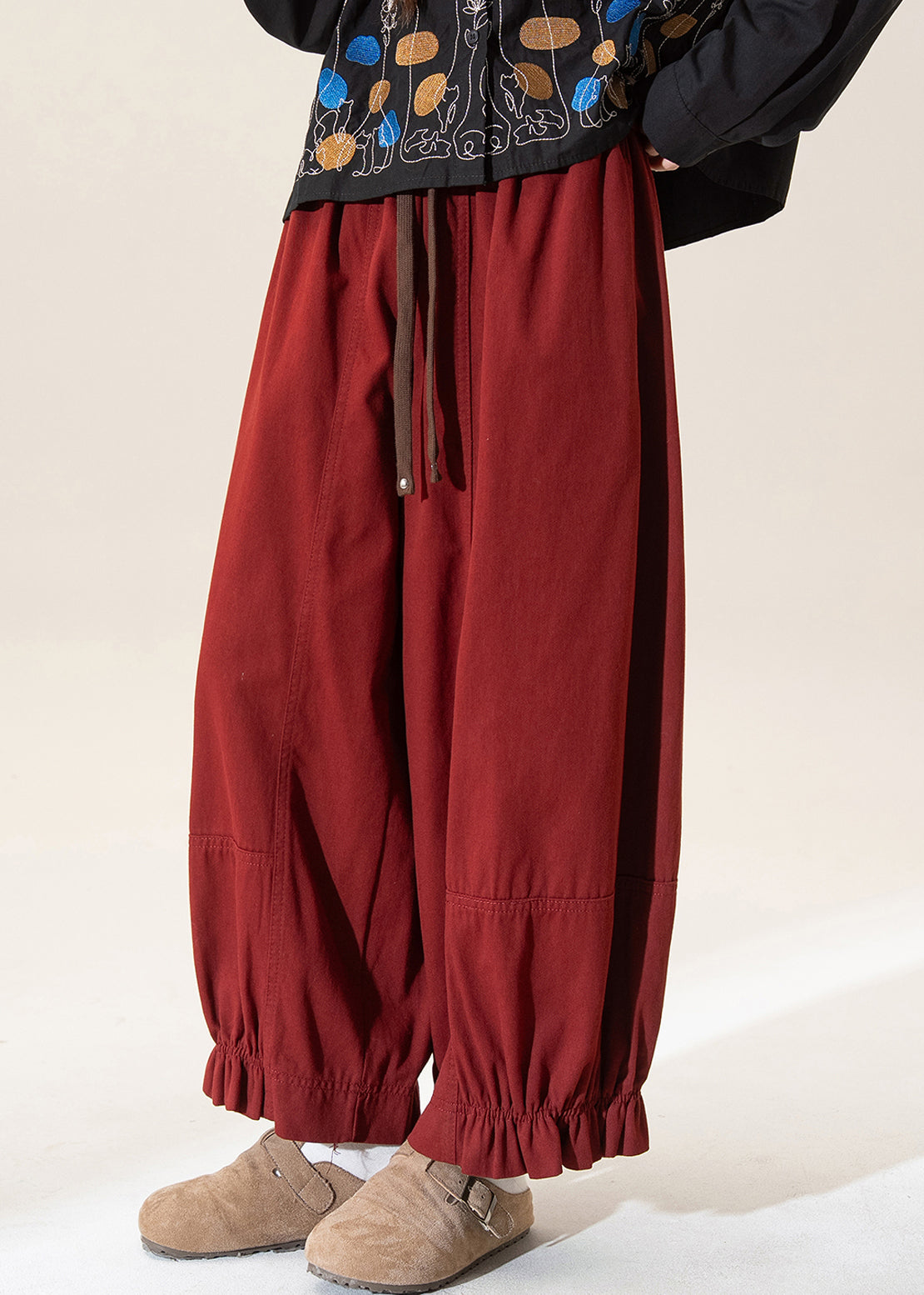 Vintage Red Ruffled Patchwork Solid Straight Pants