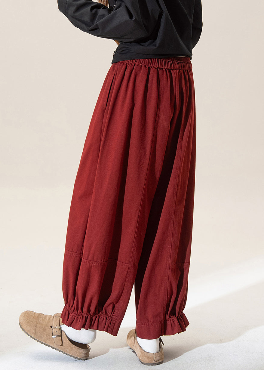 Vintage Red Ruffled Patchwork Solid Straight Pants