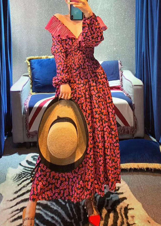 Vintage Rote Rüschen V-Ausschnitt Cinched Print Chiffon langes Kleid Frühling