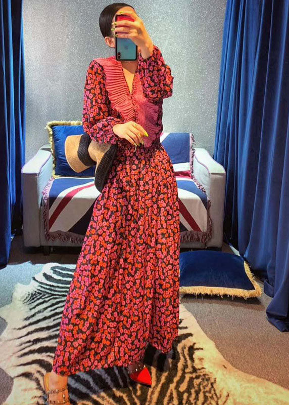 Vintage Rote Rüschen V-Ausschnitt Cinched Print Chiffon langes Kleid Frühling