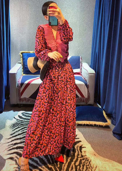 Vintage Rote Rüschen V-Ausschnitt Cinched Print Chiffon langes Kleid Frühling
