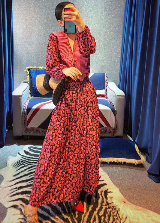 Vintage Rote Rüschen V-Ausschnitt Cinched Print Chiffon langes Kleid Frühling