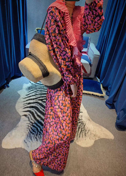 Vintage Rote Rüschen V-Ausschnitt Cinched Print Chiffon langes Kleid Frühling