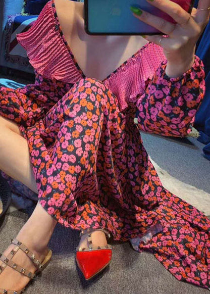 Vintage Rote Rüschen V-Ausschnitt Cinched Print Chiffon langes Kleid Frühling