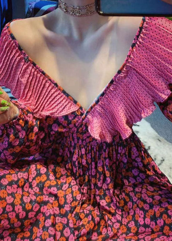 Vintage Rote Rüschen V-Ausschnitt Cinched Print Chiffon langes Kleid Frühling