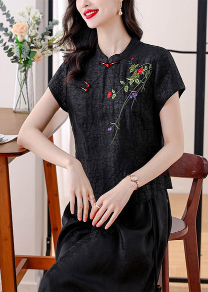 Vintage Rot Stehkragen Bestickte Seidenblusen Sommer