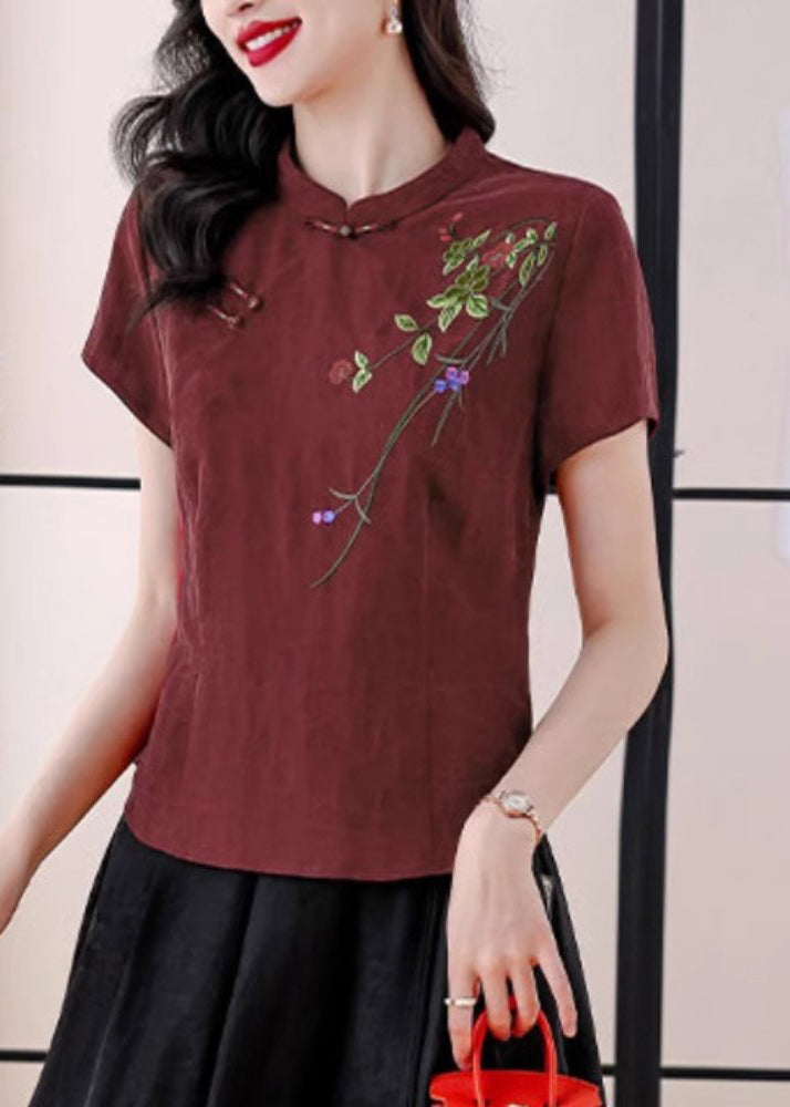 Vintage Rot Stehkragen Bestickte Seidenblusen Sommer