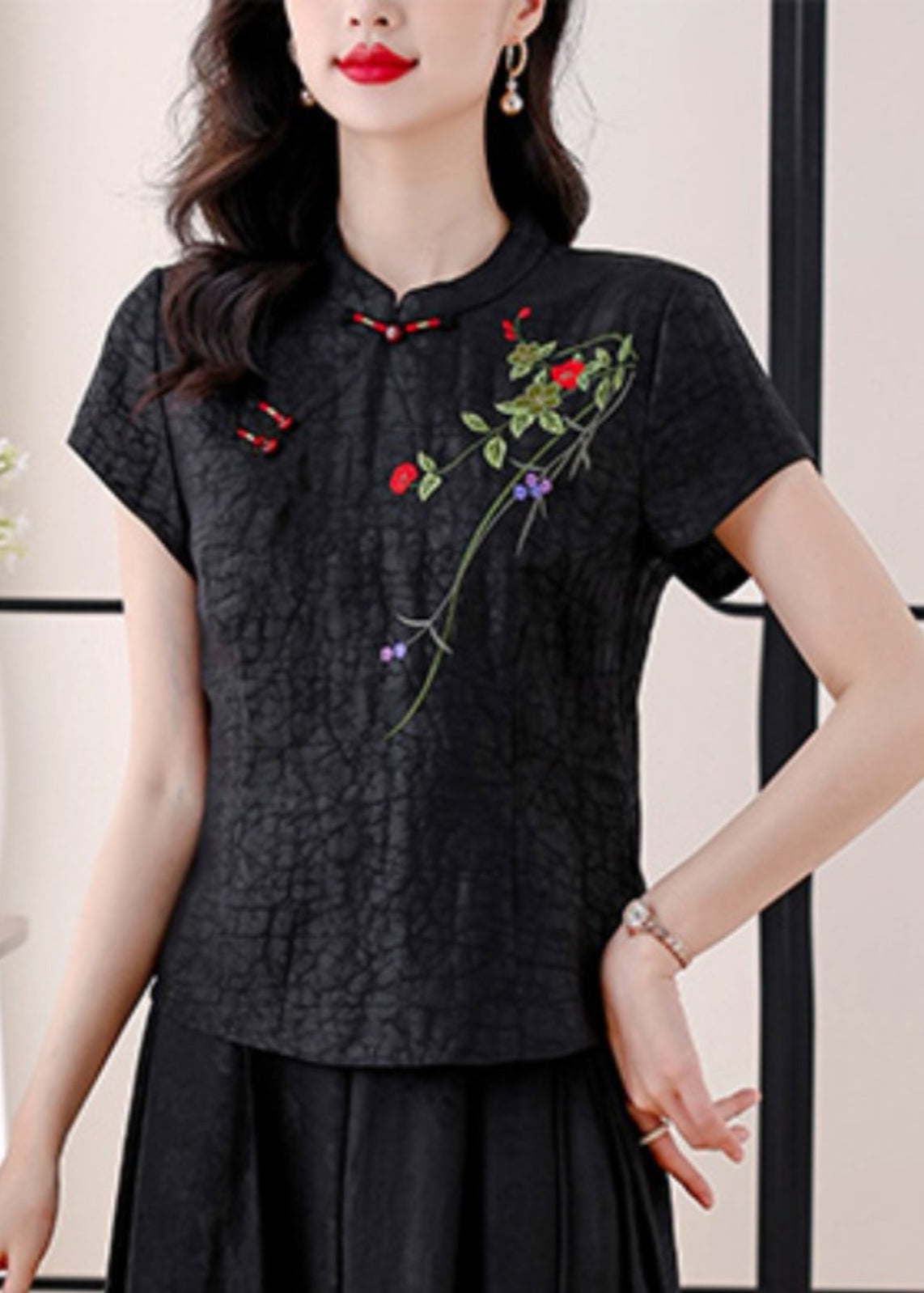 Vintage Rot Stehkragen Bestickte Seidenblusen Sommer