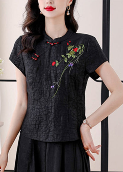 Vintage Rot Stehkragen Bestickte Seidenblusen Sommer