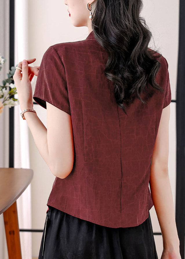 Vintage Rot Stehkragen Bestickte Seidenblusen Sommer