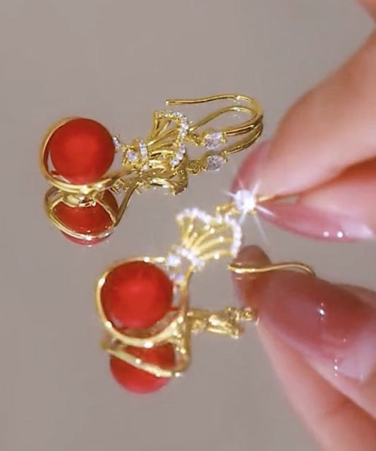 Pendientes colgantes vintage de plata de ley roja con circonitas doradas y perla
