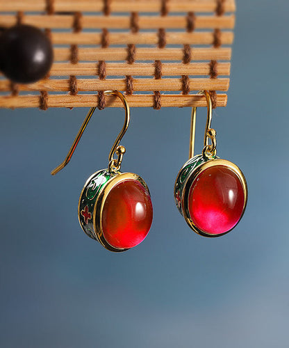Pendientes colgantes vintage de plata de ley roja con esmalte dorado y gemas