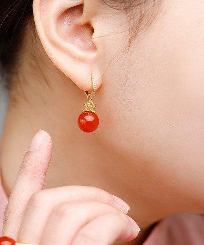 Pendientes colgantes vintage de plata de ley roja con incrustaciones de circonita y ágata