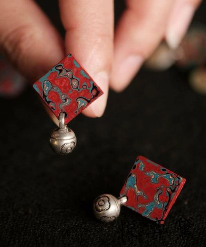 Vintage Red Sterling Silver Square Stud Earrings