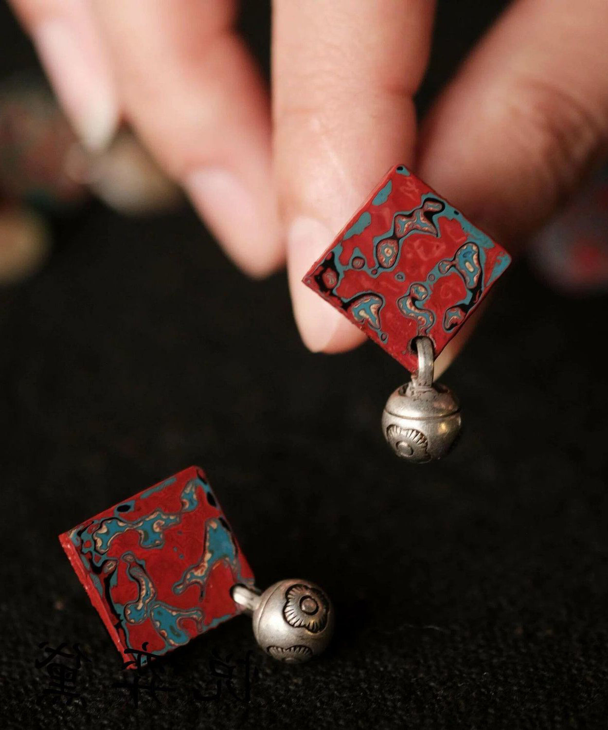 Vintage Red Sterling Silver Square Stud Earrings