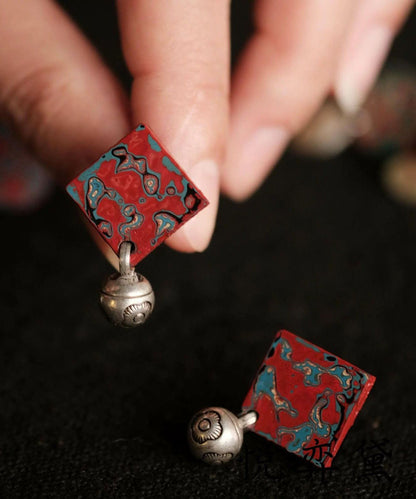 Vintage Red Sterling Silver Square Stud Earrings