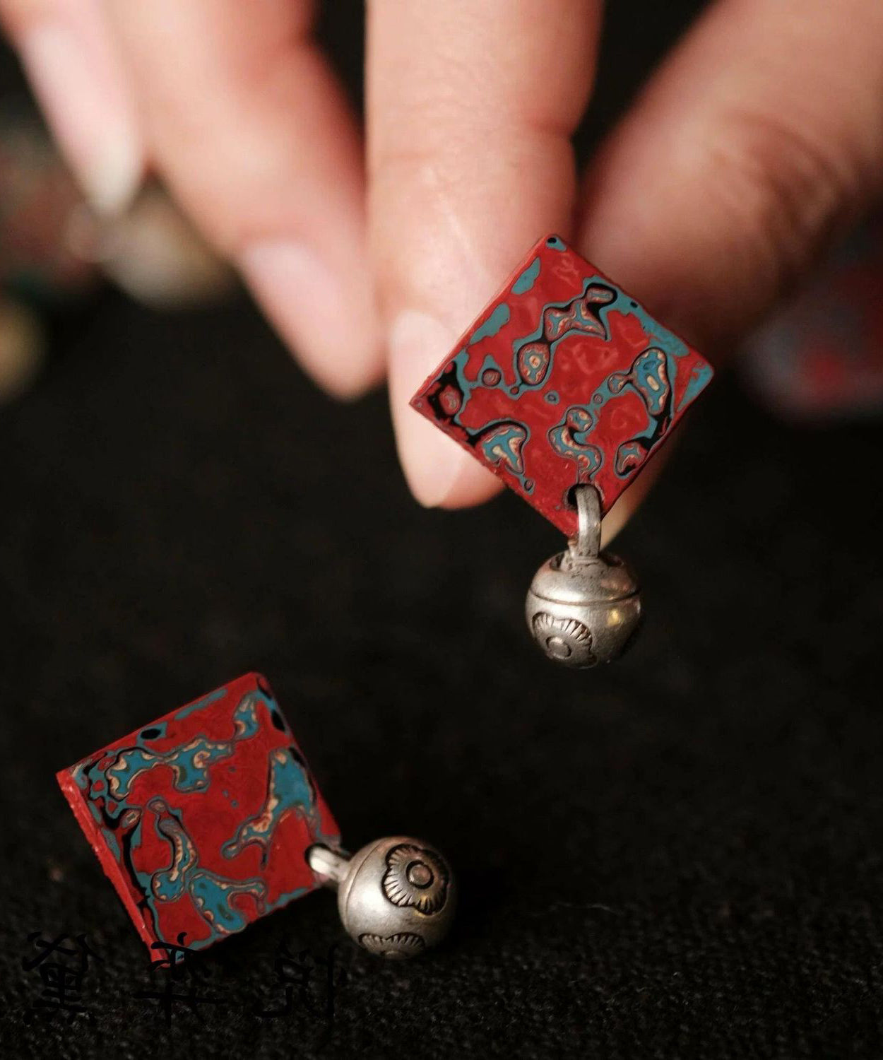 Vintage Red Sterling Silver Square Stud Earrings