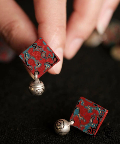 Vintage Red Sterling Silver Square Stud Earrings
