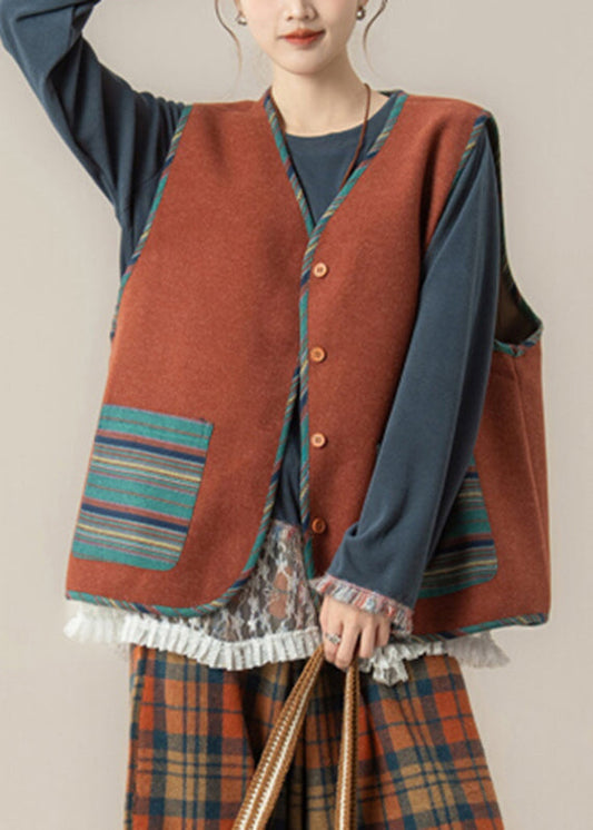 Vintage Red Striped Pockets Button Waistcoat And Top Two Piece Set Spring