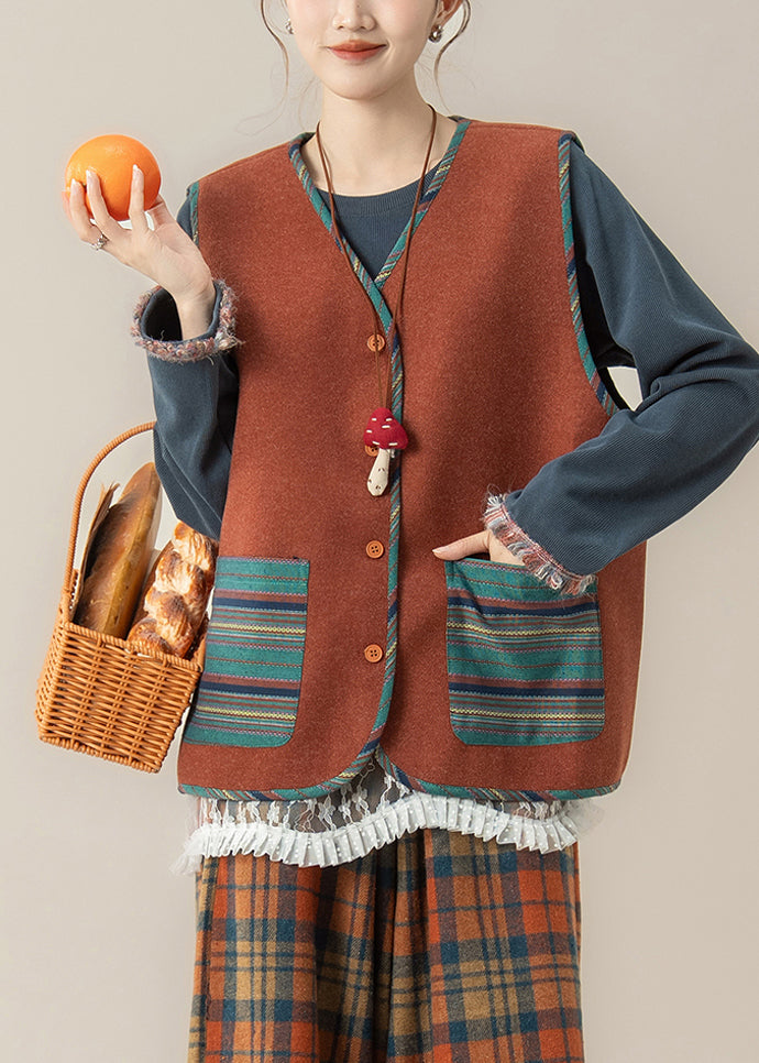 Vintage Red Striped Pockets Button Waistcoat And Top Two Piece Set Spring