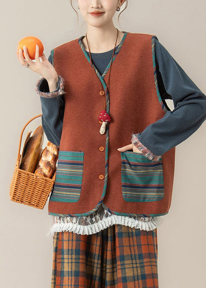 Vintage Red Striped Pockets Button Waistcoat And Top Two Piece Set Spring