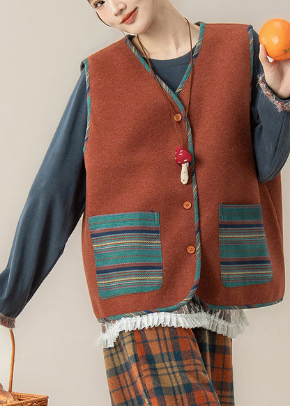 Vintage Red Striped Pockets Button Waistcoat And Top Two Piece Set Spring